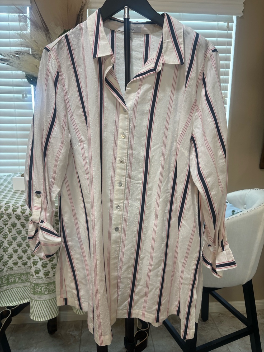 Monograph Cream Striped Linen-Blend Roll-Tab Sleeve Button-Down Shirt - Size L